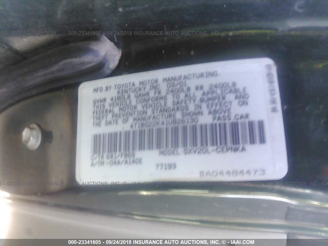 4T1BG22K41U826130 - 2001 TOYOTA CAMRY CE/LE/XLE 绿色 照片 9