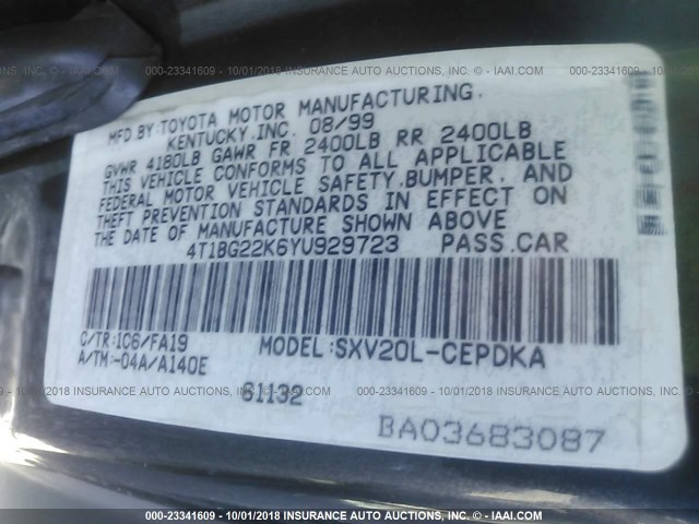 4T1BG22K6YU929723 - 2000 TOYOTA CAMRY CE/LE/XLE 灰色 照片 9