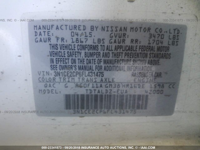 3N1CE2CP6FL431475 - 2015 NISSAN VERSA NOTE S/S PLUS/SV/SL/SR WHITE photo 9