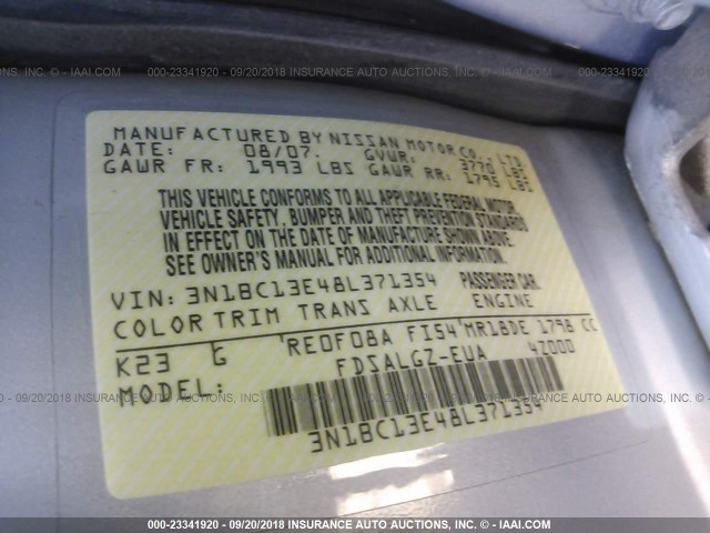 3N1BC13E48L371354 - 2008 NISSAN VERSA S/SL SILVER photo 9