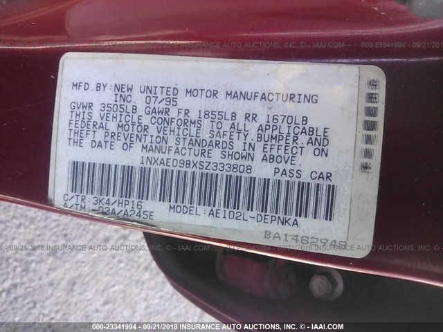 1NXAE09BXSZ333808 - 1995 TOYOTA COROLLA LE/DX 红色 照片 9