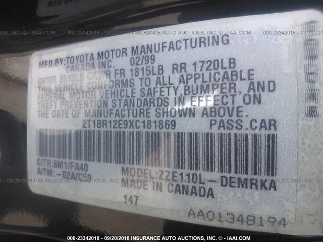 2T1BR12E9XC181869 - 1999 TOYOTA COROLLA VE/CE/LE 绿色 照片 9