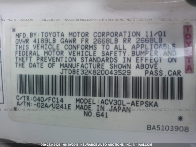 JTDBE32K820043529 - 2002 TOYOTA CAMRY LE/XLE/SE Ağ foto 9
