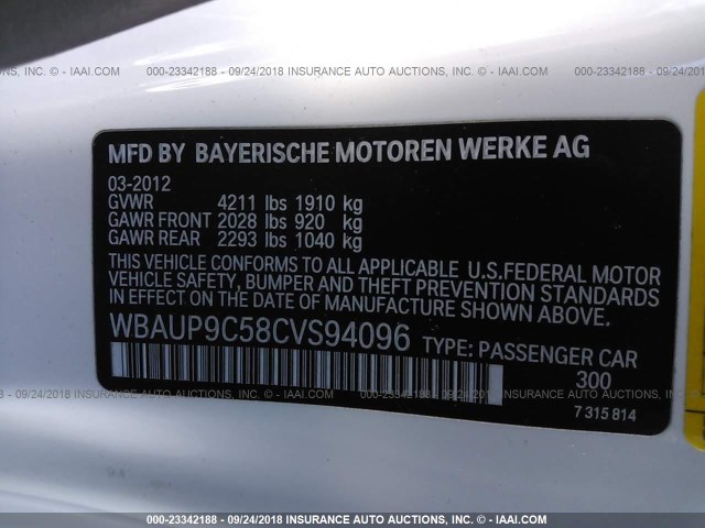 WBAUP9C58CVS94096 - 2012 BMW 128 I WHITE photo 9