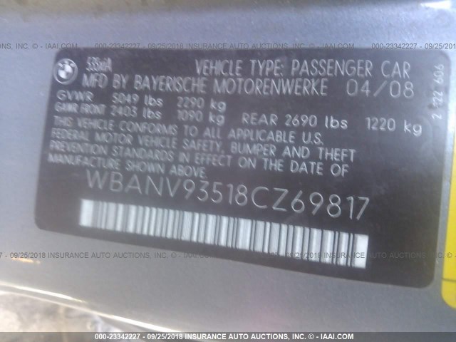 WBANV93518CZ69817 - 2008 BMW 535 XI GRAY photo 9