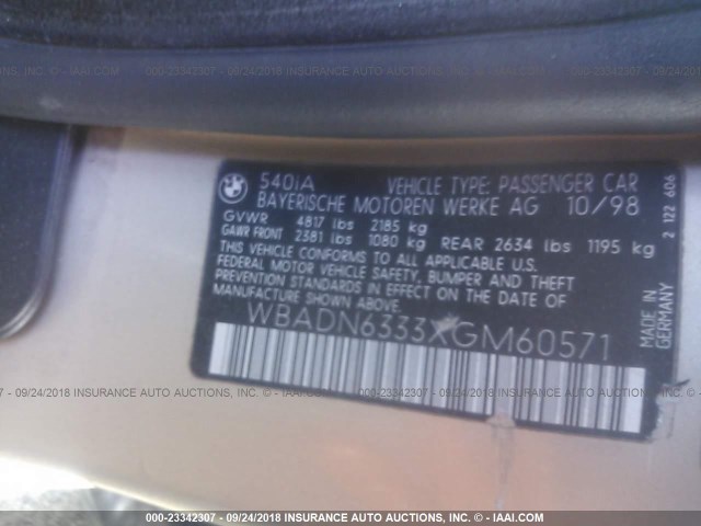 WBADN6333XGM60571 - 1999 BMW 540 I AUTOMATIC 金色 照片 9