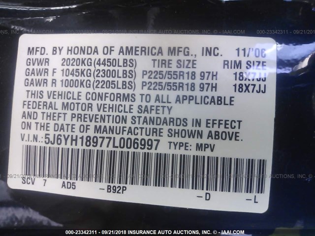 5J6YH18977L006997 - 2007 HONDA ELEMENT SC BLACK photo 9