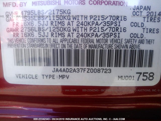 JA4AD2A37FZ008723 - 2015 MITSUBISHI OUTLANDER ES წითელი ფოტო 9