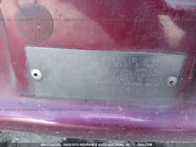 JH4KA4559KC028249 - 1989 ACURA LEGEND LC RED photo 9