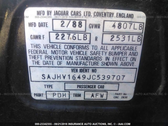 SAJHV1649JC539707 - 1988 JAGUAR XJ6 BLACK photo 9