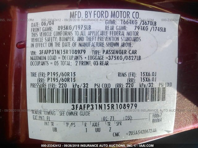 3FAFP31N15R108979 - 2005 FORD FOCUS ZX3 RED photo 9