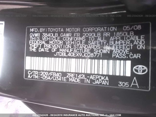 JTDBL40EX9J028771 - 2009 TOYOTA COROLLA LE/XLE BLACK photo 9