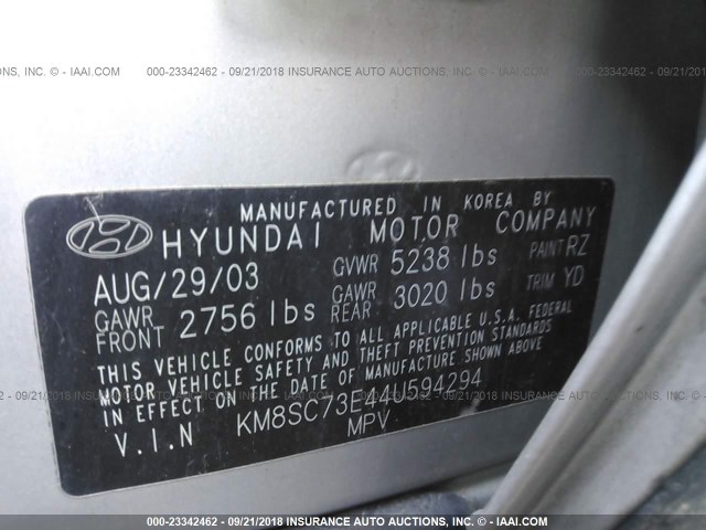 KM8SC73E44U594294 - 2004 HYUNDAI SANTA FE GLS/LX SILVER photo 9