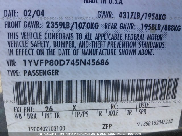 1YVFP80D745N45686 - 2004 MAZDA 6 S GRAY photo 9