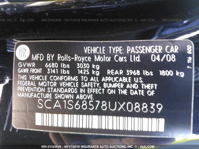 SCA1S68578UX08839 - 2008 ROLLS-ROYCE PHANTOM შავი ფოტო 9
