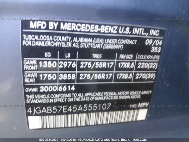 4JGAB57E45A555107 - 2005 MERCEDES-BENZ ML 350 BLUE photo 9