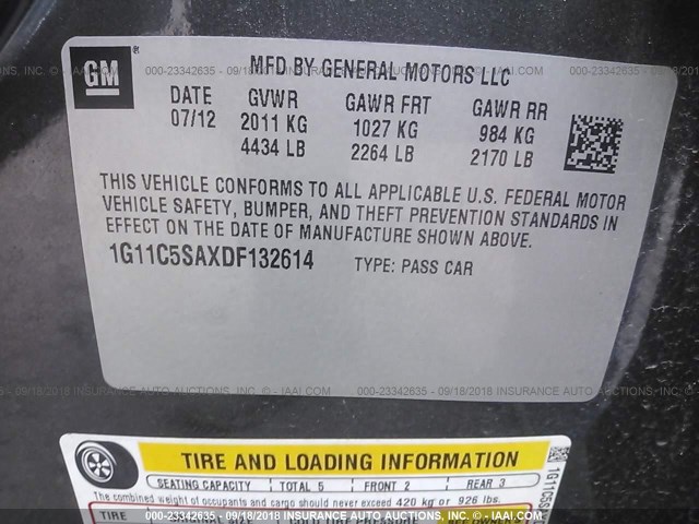 1G11C5SAXDF132614 - 2013 CHEVROLET MALIBU 1LT 灰色 照片 9