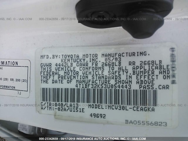 4T1BF32K53U054443 - 2003 TOYOTA CAMRY LE/XLE/SE Ақ фото 9