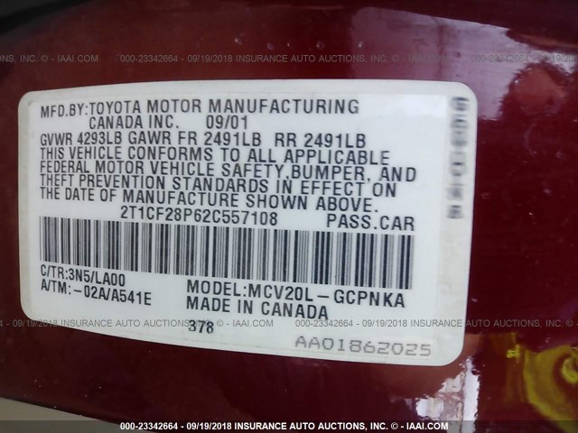 2T1CF28P62C557108 - 2002 TOYOTA CAMRY SOLARA SE/SLE Qırmızı foto 9