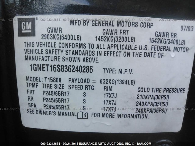 1GNET16S836240286 - 2003 CHEVROLET TRAILBLAZER EXT BLACK photo 9