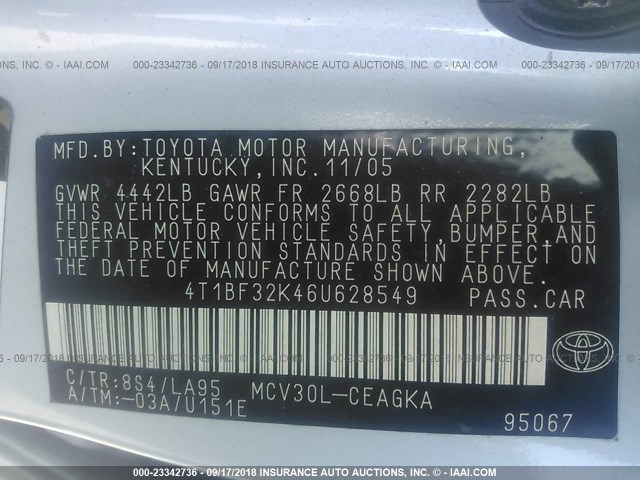 4T1BF32K46U628549 - 2006 TOYOTA CAMRY LE/XLE/SE 浅蓝色 照片 9