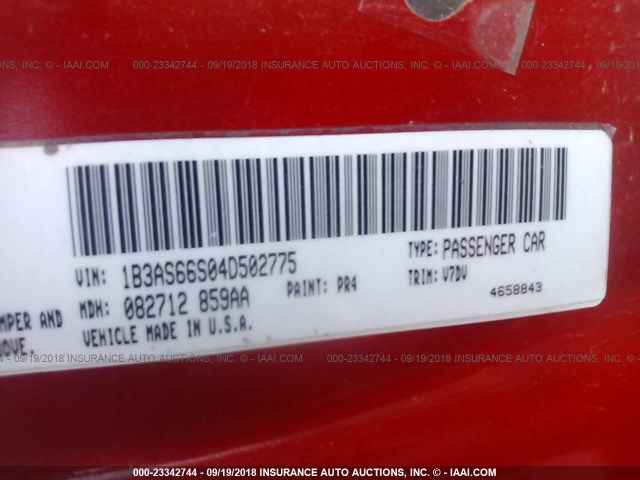 1B3AS66S04D502775 - 2004 DODGE NEON SRT-4 RED photo 9