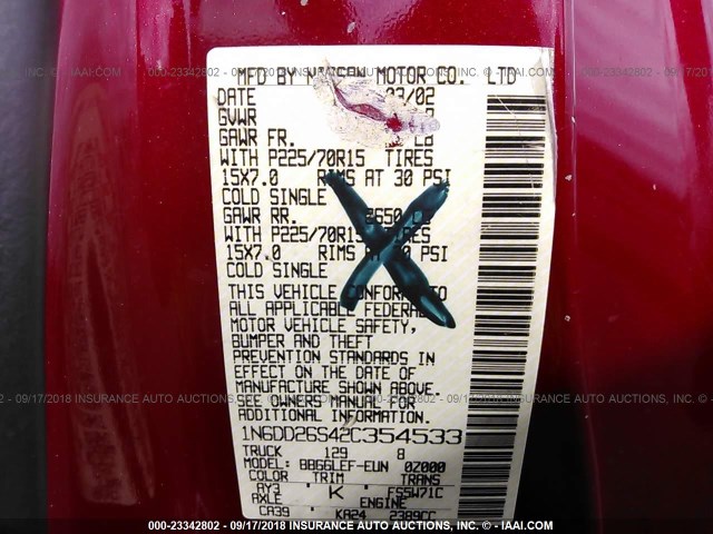 1N6DD26S42C354533 - 2002 NISSAN FRONTIER KING CAB XE RED photo 9