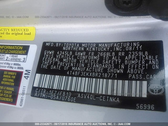 4T4BF3EKXBR218771 - 2011 TOYOTA CAMRY SE/LE/XLE SILVER photo 9