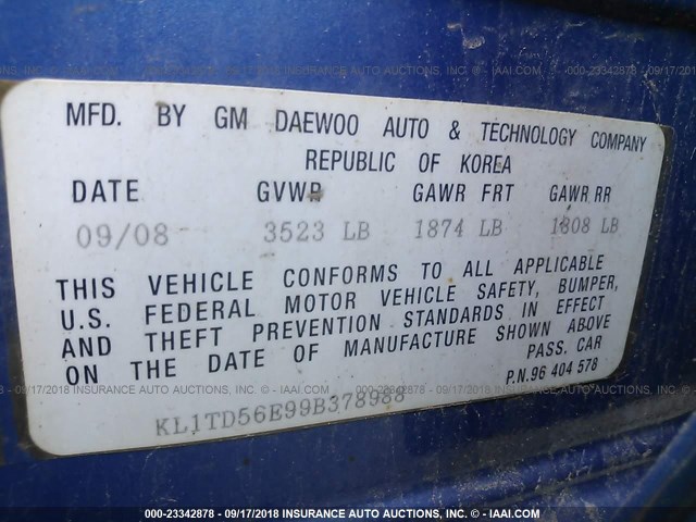 KL1TD56E99B378988 - 2009 CHEVROLET AVEO LS/LT BLUE photo 9