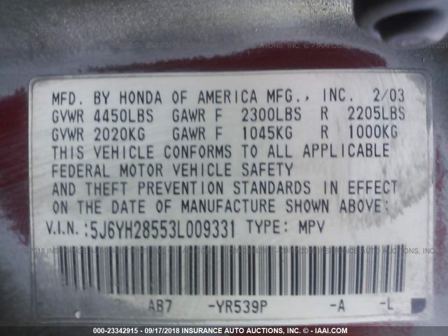 5J6YH28553L009331 - 2003 HONDA ELEMENT GRAY photo 9