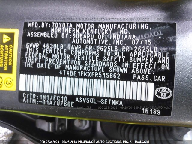 4T4BF1FKXFR515662 - 2015 TOYOTA CAMRY LE/XLE/SE/XSE GRAY photo 9