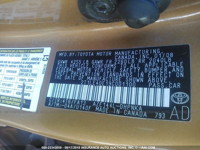 2T1LE40E19C001100 - 2009 TOYOTA COROLLA MATRIX  GOLD photo 9