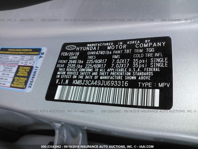 KM8J3CA49JU693316 - 2018 HYUNDAI TUCSON SILVER photo 9