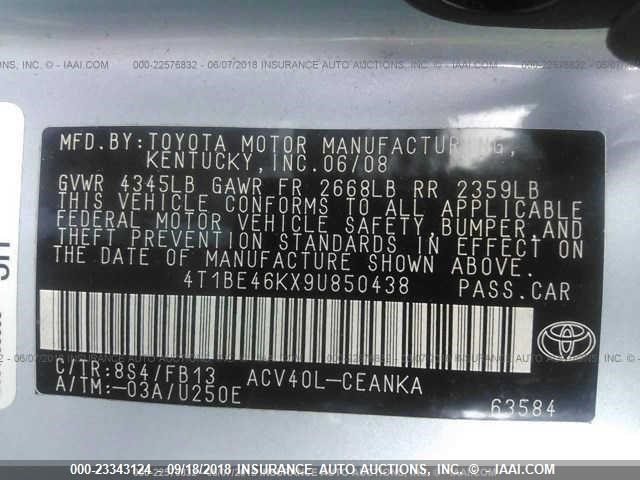 4T1BE46KX9U850438 - 2009 TOYOTA CAMRY SE/LE/XLE უცნობი ფოტო 9