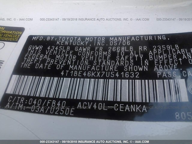 4T1BE46KX7U541632 - 2007 TOYOTA CAMRY NEW GENERAT CE/LE/XLE/SE WHITE photo 9