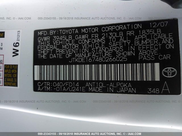 JTKDE167480266025 - 2008 TOYOTA SCION TC 白色 照片 9
