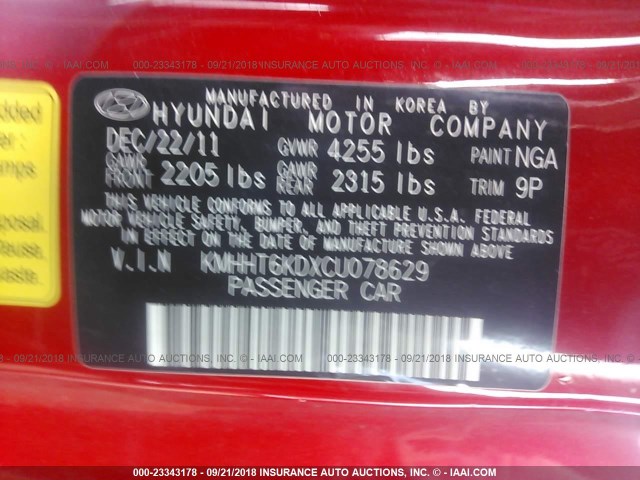 KMHHT6KDXCU078629 - 2012 HYUNDAI GENESIS COUPE  RED photo 9