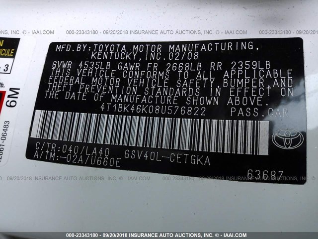 4T1BK46K08U576822 - 2008 TOYOTA CAMRY LE/XLE/SE 白色 照片 9