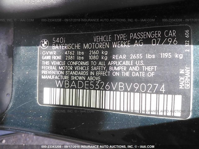 WBADE5326VBV90274 - 1997 BMW 540 I GREEN photo 9