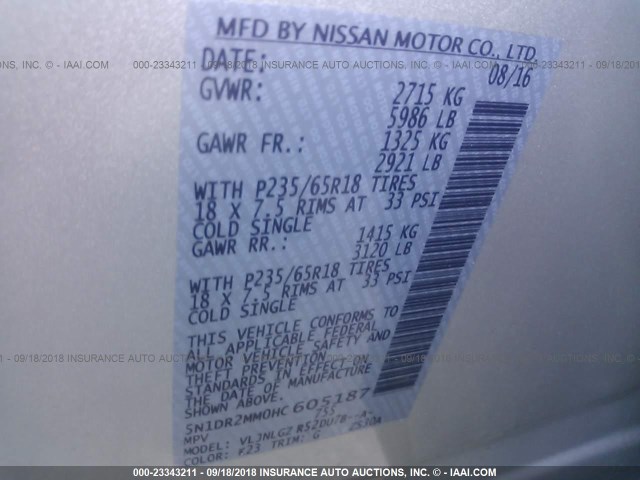 5N1DR2MM0HC605187 - 2017 NISSAN PATHFINDER S/SV/SL/PLATINUM SILVER photo 9