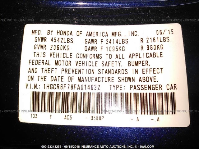 1HGCR6F78FA014632 - 2015 HONDA ACCORD HYBRID/TOURING BLUE photo 9