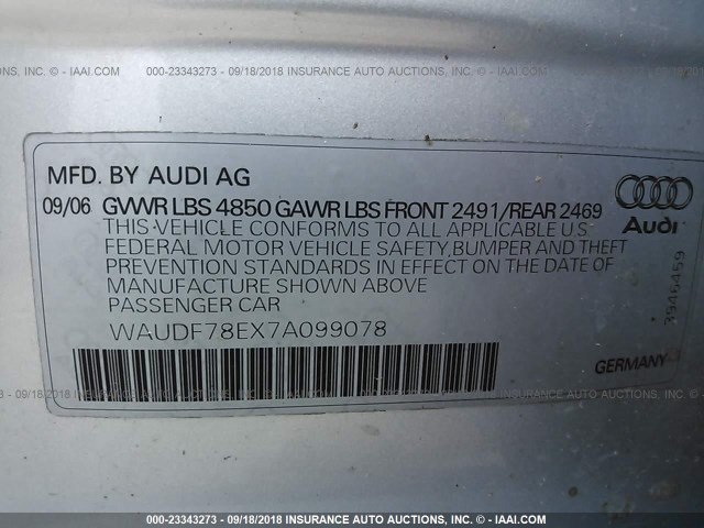 WAUDF78EX7A099078 - 2007 AUDI A4 2.0T QUATTRO SILVER photo 9