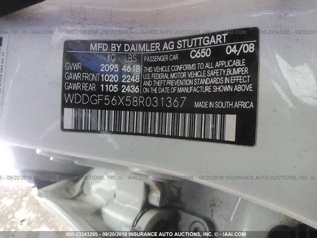 WDDGF56X58R031367 - 2008 MERCEDES-BENZ C 350 WHITE photo 9