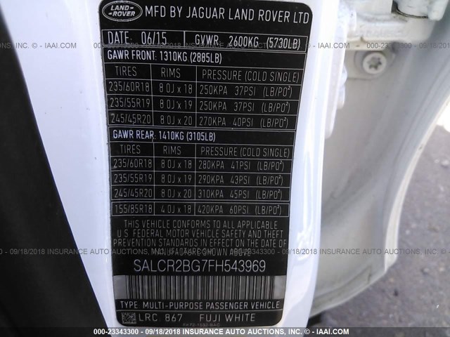 SALCR2BG7FH543969 - 2015 LAND ROVER DISCOVERY SPORT HSE WHITE photo 9