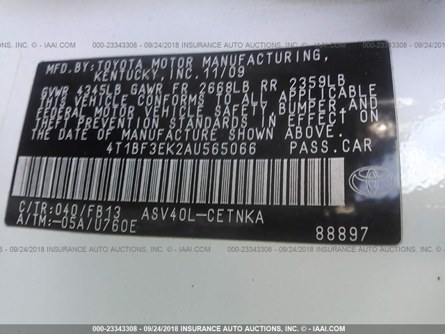 4T1BF3EK2AU565066 - 2010 TOYOTA CAMRY SE/LE/XLE თეთრი ფოტო 9