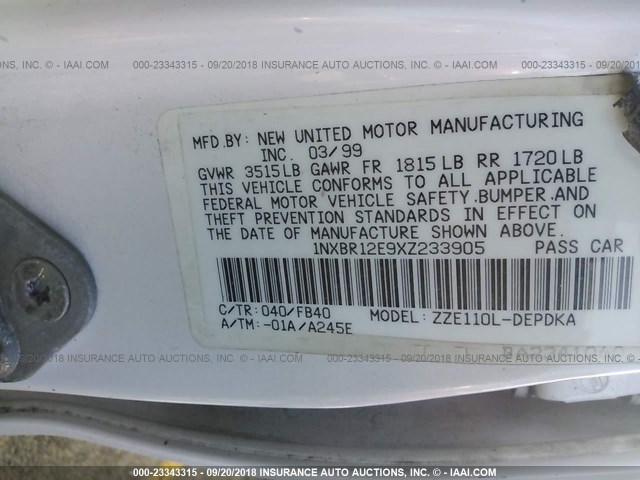 1NXBR12E9XZ233905 - 1999 TOYOTA COROLLA VE/CE/LE 白色 照片 9