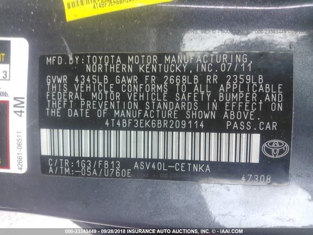 4T4BF3EK6BR209114 - 2011 TOYOTA CAMRY SE/LE/XLE GRAY photo 9