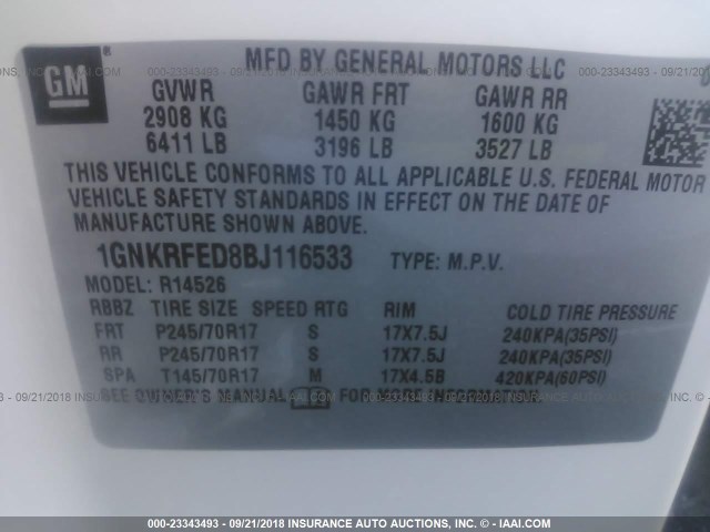 1GNKRFED8BJ116533 - 2011 CHEVROLET TRAVERSE LS WHITE photo 9