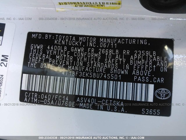 4T1BF3EK5BU745501 - 2011 TOYOTA CAMRY SE/LE/XLE 白色 照片 9