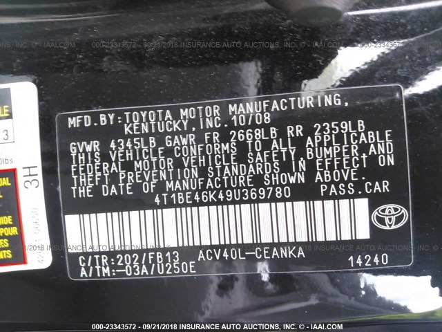 4T1BE46K49U369780 - 2009 TOYOTA CAMRY SE/LE/XLE 黑色 照片 9